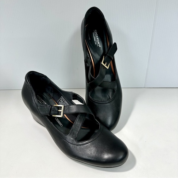 Rockport Shoes - Rockport Womens Size 9.5 M Black Leather Criss Cross Soft Wedge Shoes 10…